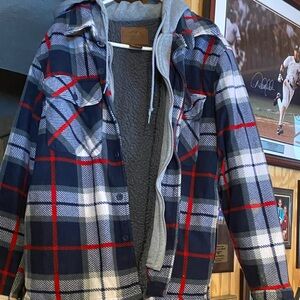 Men's Plaid Shirt Jacket - Navy, Red, and Gray